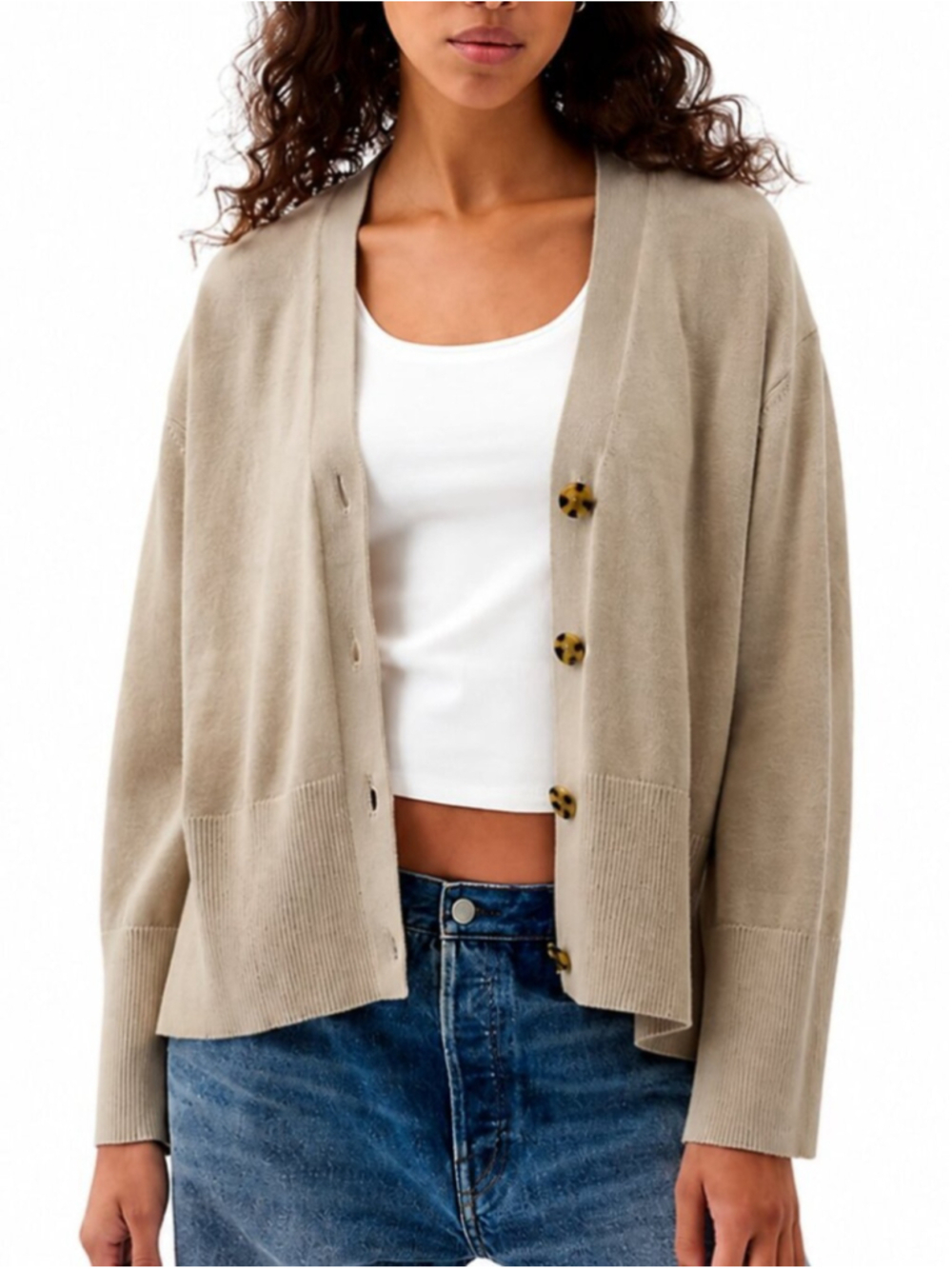 GAP 24/7 Split-Hem Linen Blend Knit Oversized Cardigan Sweater Bedrock Tan Small